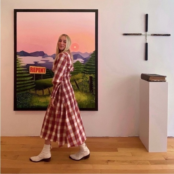 Something Navy Blanche Smocked Plaid Midi Dress Small NWOT Preppy Classic - Picture 14 of 16